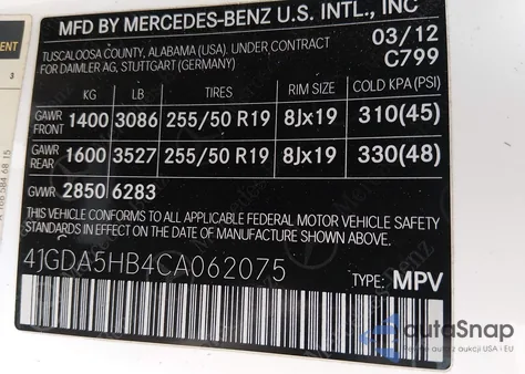 2012 Mercedes-Benz Ml 350 4Matic from USA, damaged, VIN 4JGDA5HB4CA062075